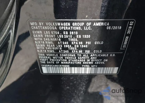 2019 Volkswagen Atlas 3.6L V6 Se из США, поврежденный, VIN 1V2DR2CA6KC573282
